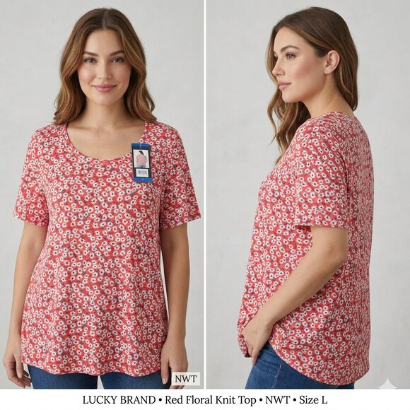 Lucky Brand Tops - NWT Lucky Brand Women's Red & White Flower Printed Knit Top Shirt - Size Large